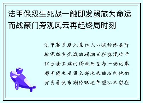 法甲保级生死战一触即发弱旅为命运而战豪门旁观风云再起终局时刻